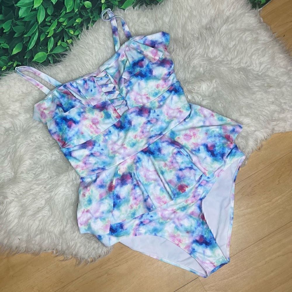 Watercolor ruffled two-piece tank and bikini set swimsuit size XL